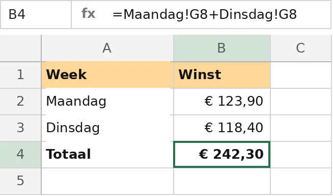 =Maandag!G8 betekent: cel G8 op het blad Maandag