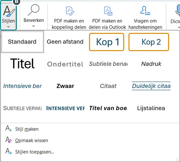 Klik op Stijlen en kies Kop 1 of Kop 2