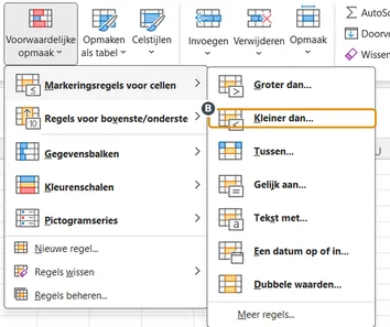 Het submenu: kies Kleiner dan...