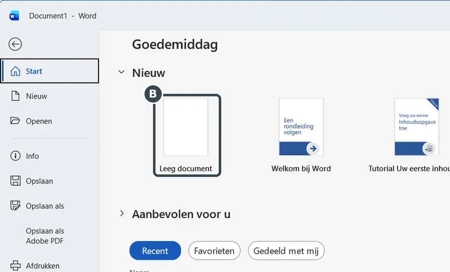 Het startscherm: klik op Leeg document