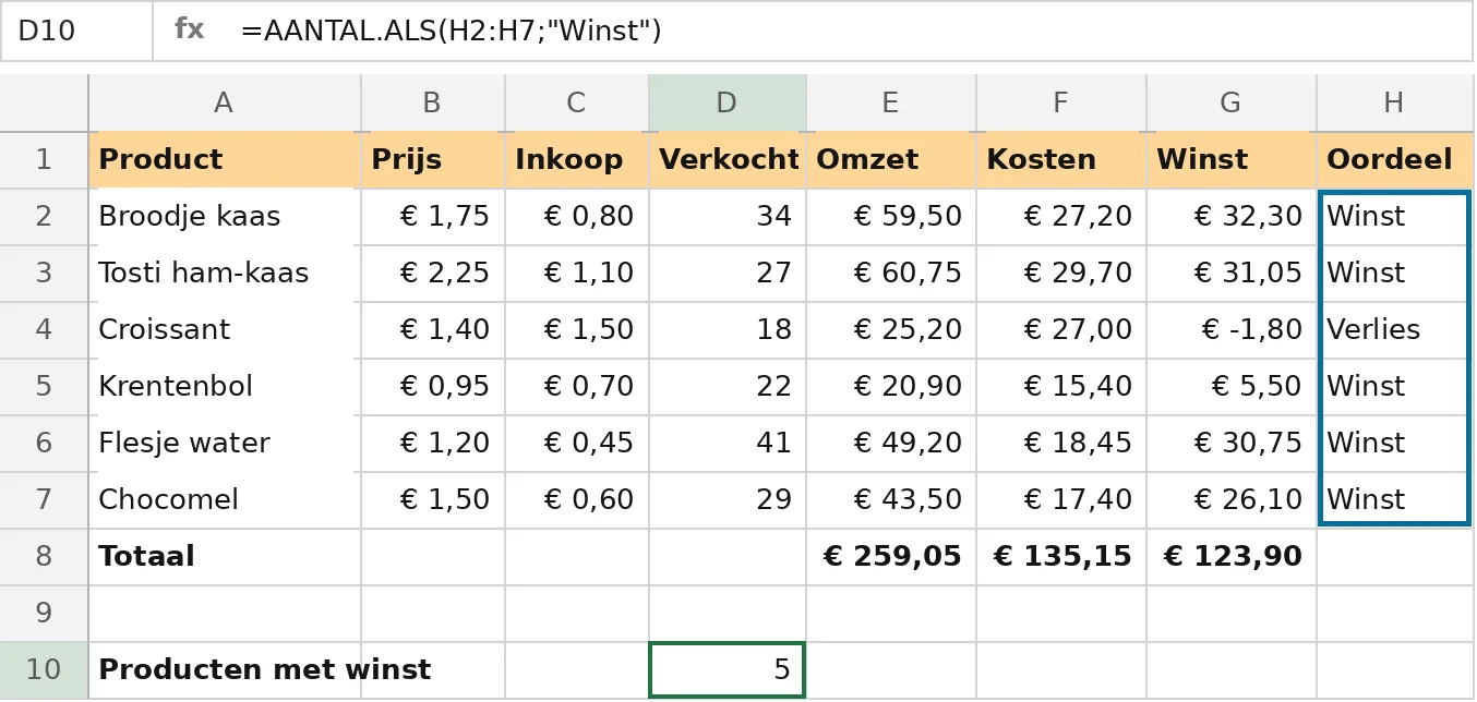 Excel telt 5 keer "Winst" in H2:H7