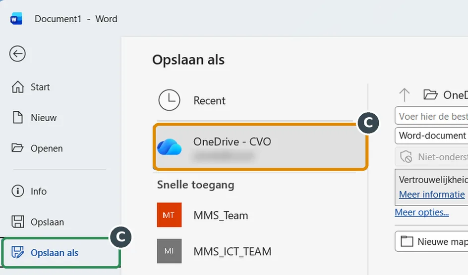 Opslaan als: kies OneDrive - CVO
