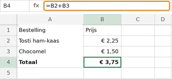 In de cel staat € 3,75, in de formulebalk =B2+B3