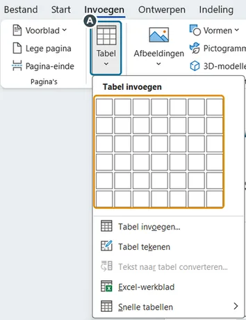 Invoegen, Tabel: kies het aantal vakjes
