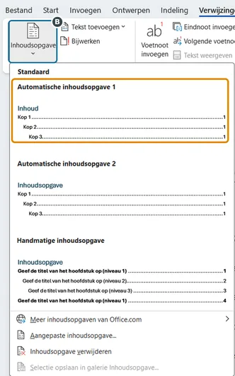 Verwijzingen, Inhoudsopgave: kies Automatische inhoudsopgave 1